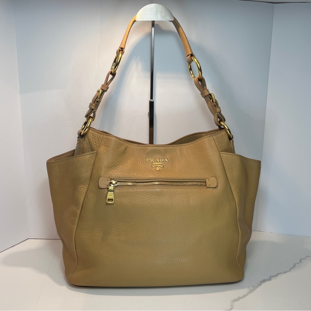PRADA LEATHER BEIGE HOBO TOTE